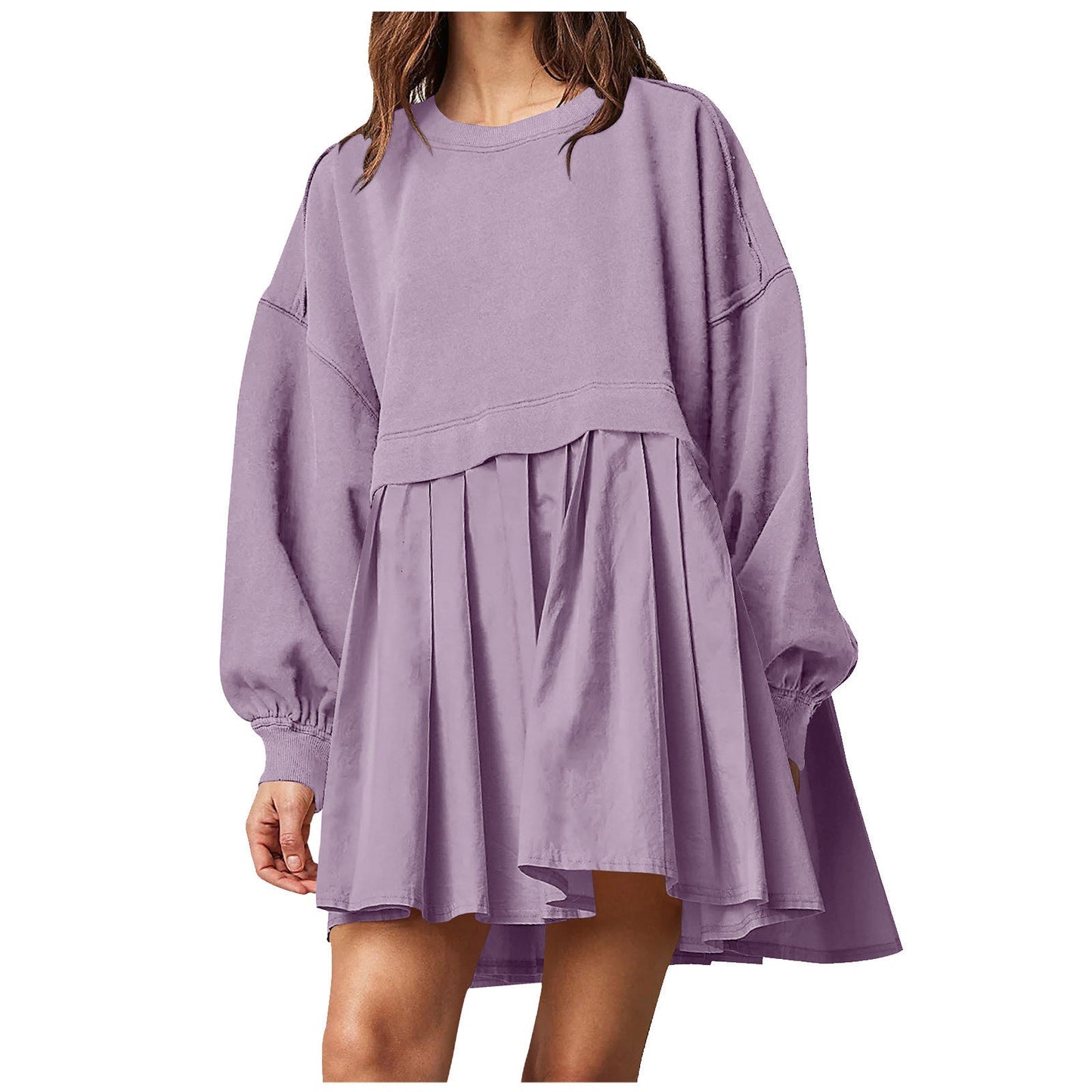 Damen Oversized Sweatshirt Kleid Plissee-Rock Rundhals