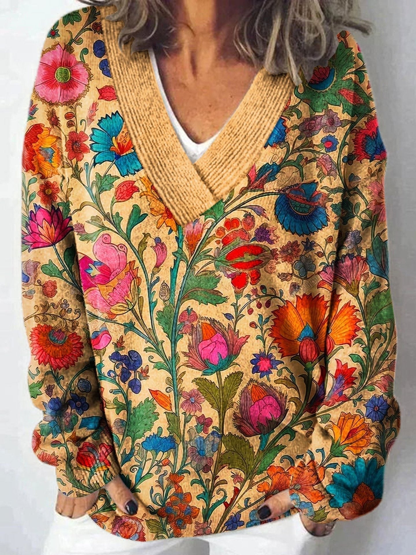 Damen Pullover V-Ausschnitt Floralmuster Lässig Norvielle