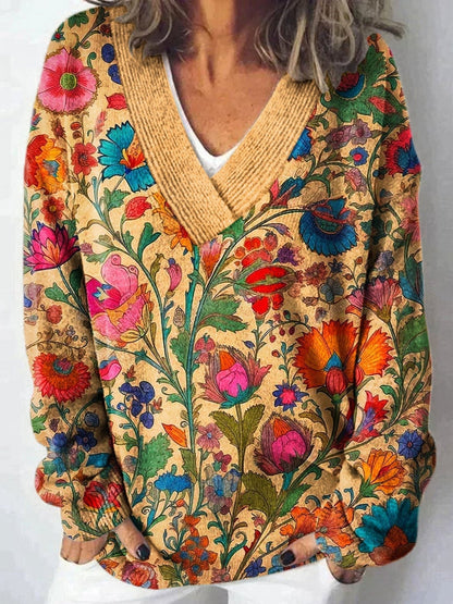 Damen Pullover V-Ausschnitt Floralmuster Lässig Norvielle