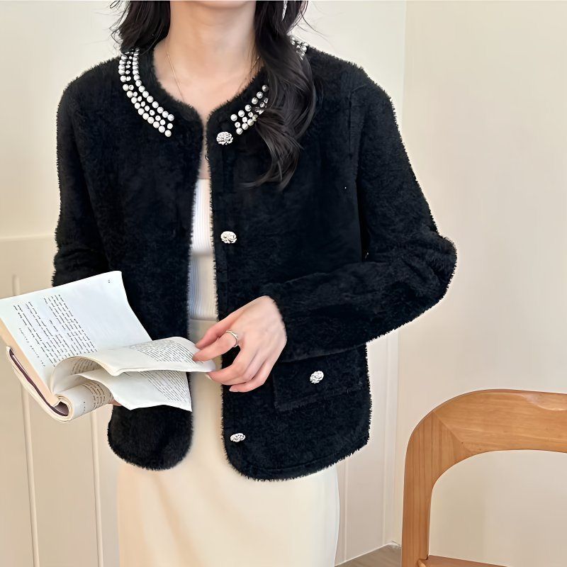 Damen Strickjacke Flauschig Perlen Dekoration Norvielle