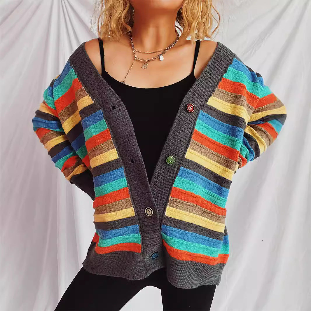 Damen Strickjacke Bunt Streifenmuster Locker Norvielle