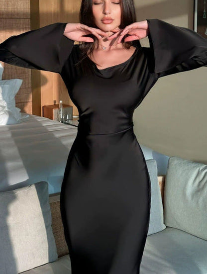 Damen Satin Maxi-Kleid Langärmlig Weite Ärmel Norvielle