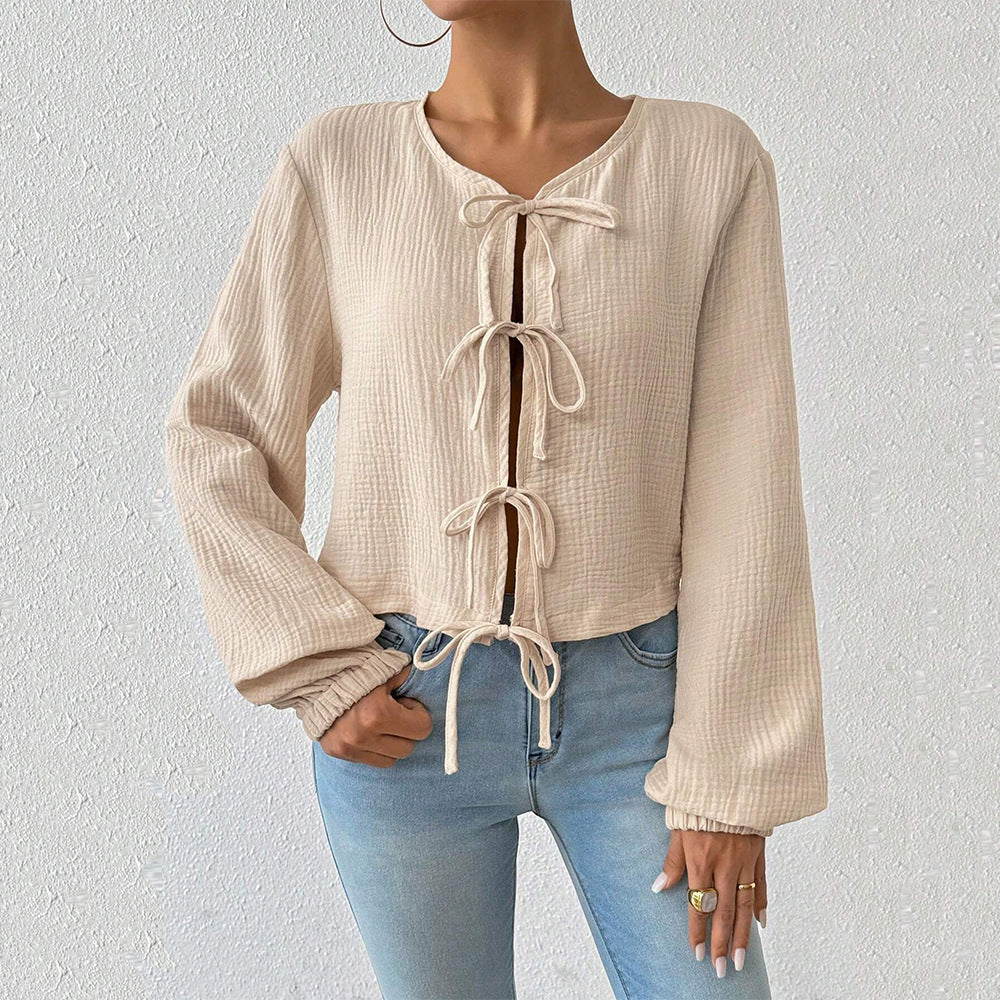 Damen Cropped Bluse Raffinierte Schnürdetails Norvielle