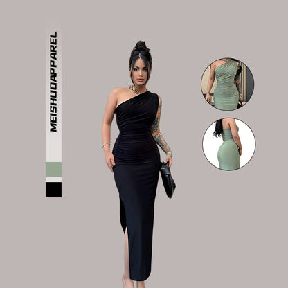 Damen Maxikleid Elegantes One-Shoulder-Design Figurbetont Seiden - Norvielle