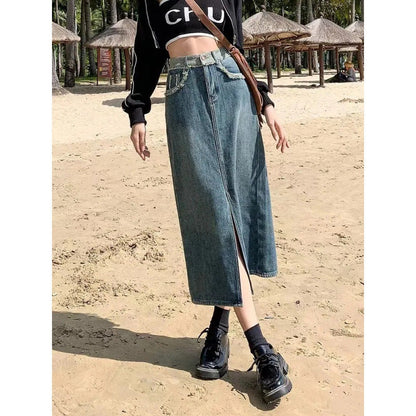 Damen Denim-Rock Lang Hohes Seitenloch