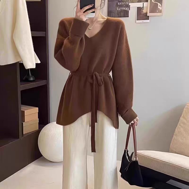 Damen Strickjacke V-Ausschnitt Taillengürtel Norvielle