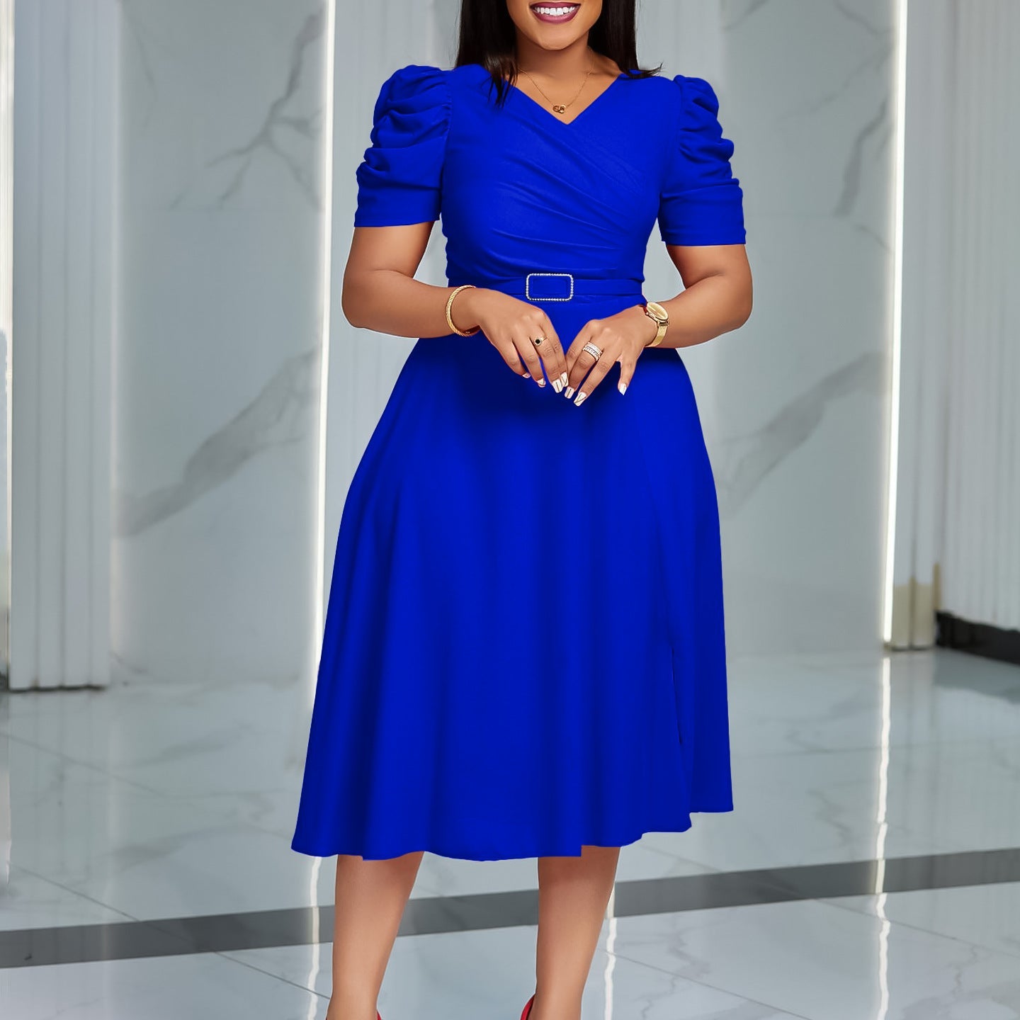 Damen Midi-Kleid Puffärmel Taillierter Gürtel