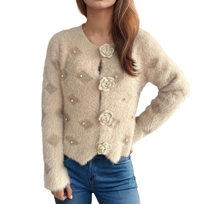 Damen Strickjacke Blumenapplikationen Perlenakzente Norvielle