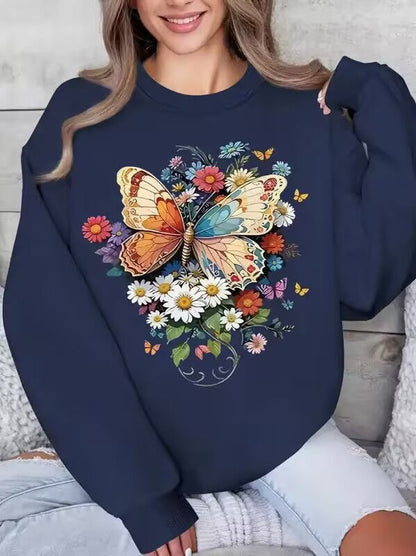Damen Sweatshirt Langarm Floralmuster Schmetterling Norvielle