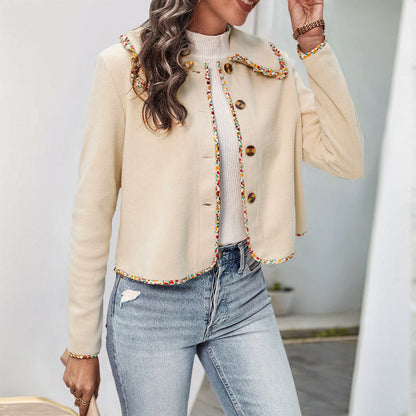 Damen Lässige Jacke Bunter Kragen Knöpfe Beige