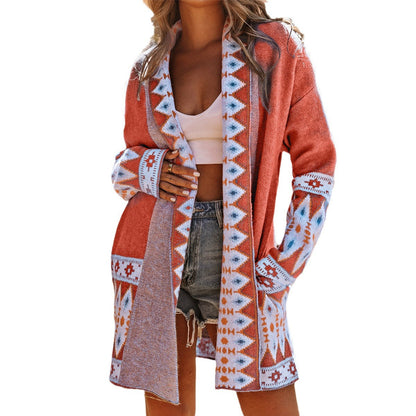 Damen Strickjacke Langarm Geometrisches Muster Offene Taschen