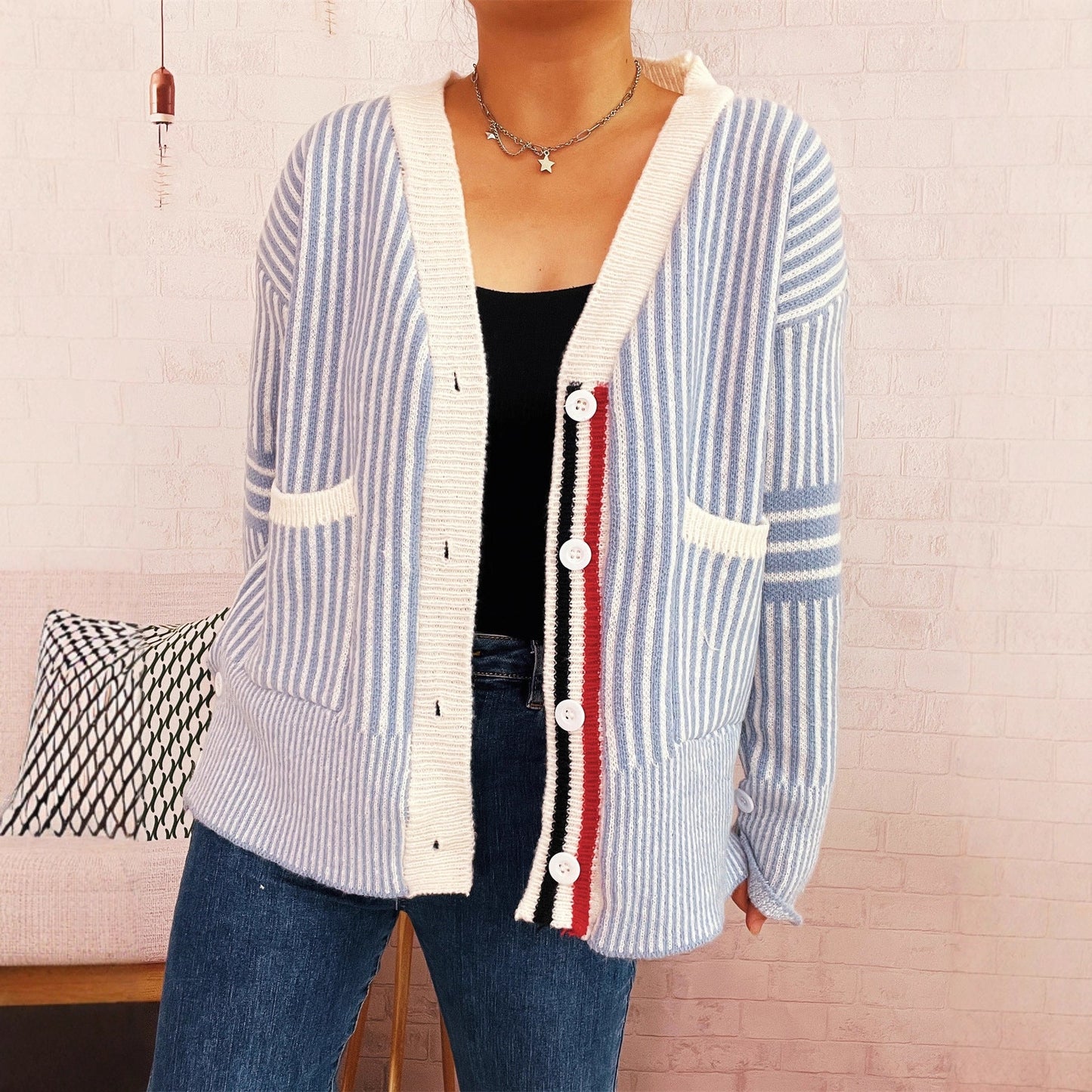 Damen Strickcardigan Streifenmuster mit Taschen und Knöpfen Beige