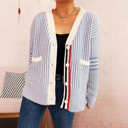 Damen Strickcardigan Streifenmuster mit Taschen und Knöpfen Beige