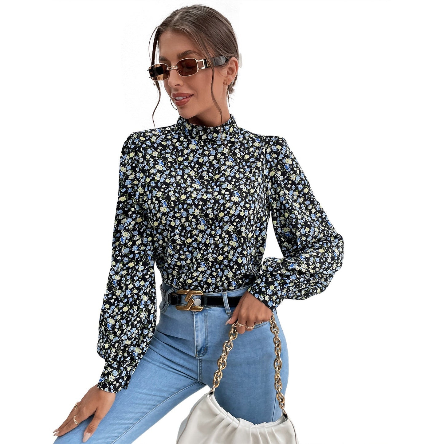Damen Bluse Hochgeschlossener Kragen Voluminöse Ärmel Norvielle