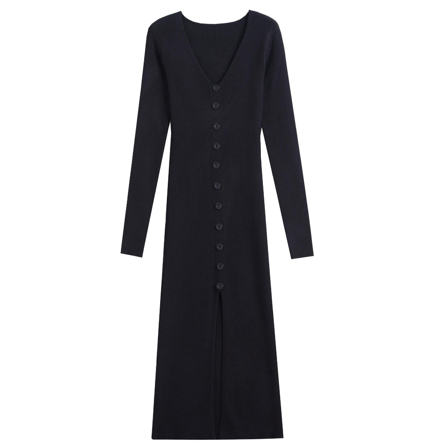 Damen Langarm Strickkleid V-Ausschnitt Knopfleiste Norvielle