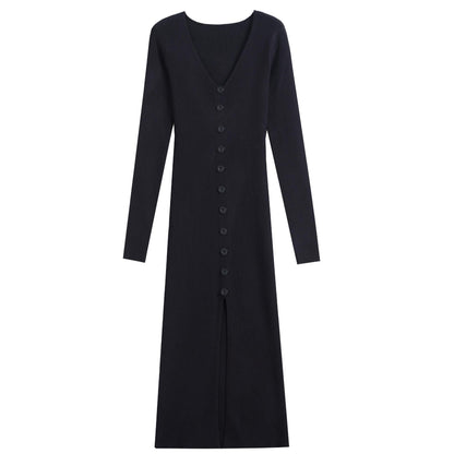 Damen Langarm Strickkleid V-Ausschnitt Knopfleiste Norvielle