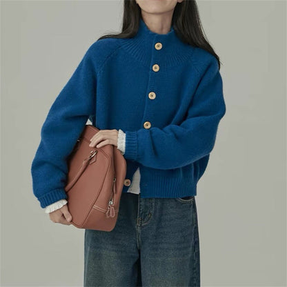 Damen Strickjacke Hochkragen Große Holzknöpfe Norvielle