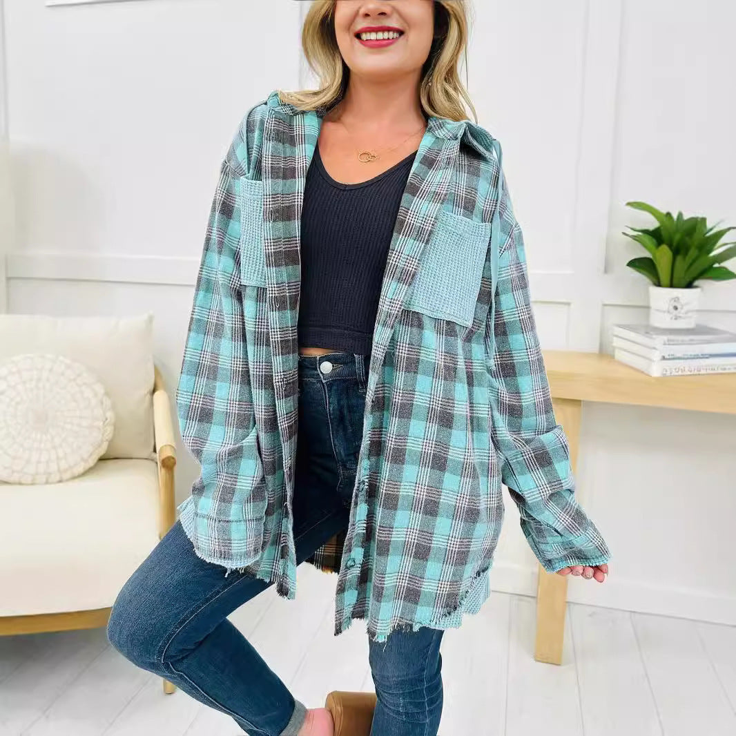 Damen Karo-Hemdjacke Oversized mit Fransen Details Norvielle