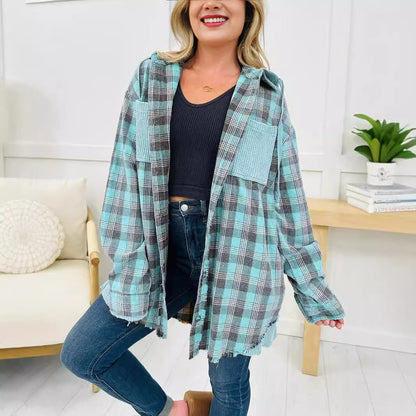 Damen Karo-Hemdjacke Oversized mit Fransen Details Norvielle