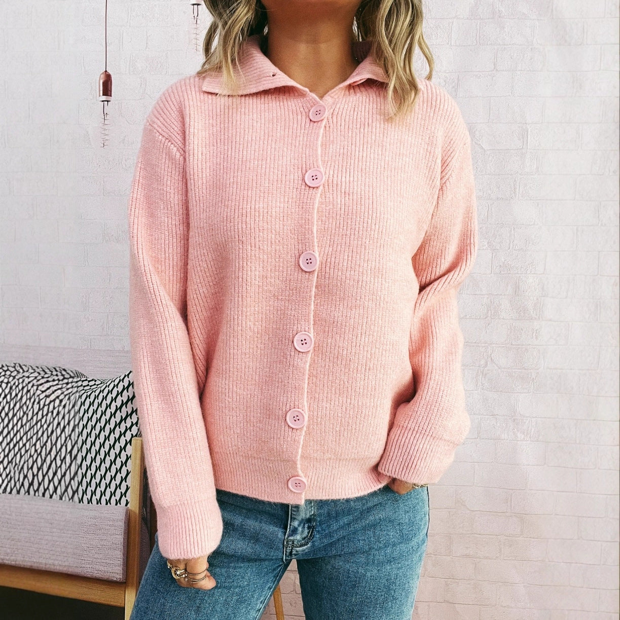 Damen Strickjacke Kragen Knopfverschluss Norvielle