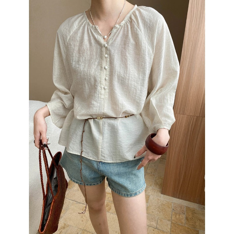Damen Bluse Lässig Knopfdetails Leicht Blau - Norvielle