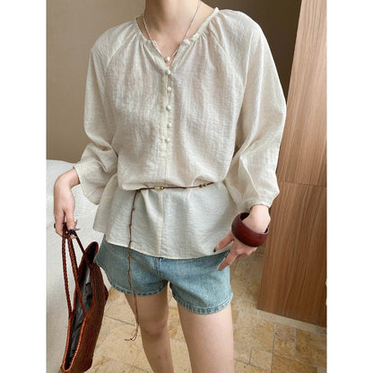 Damen Bluse Lässig Knopfdetails Leicht Blau - Norvielle