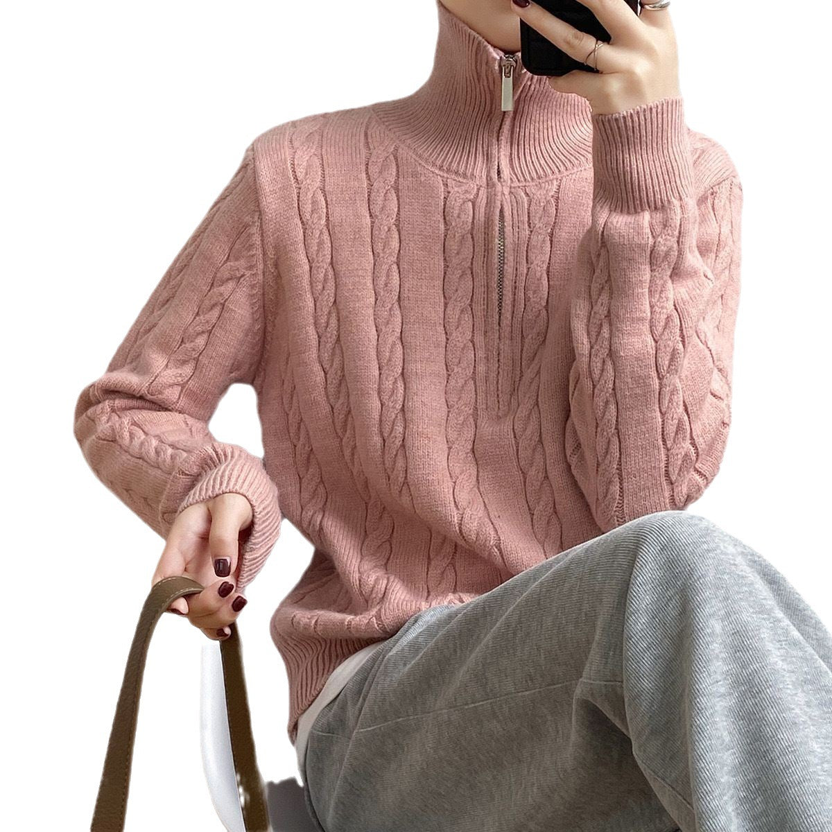 Damen Strickpullover Zopfdesign Stehkragen Norvielle