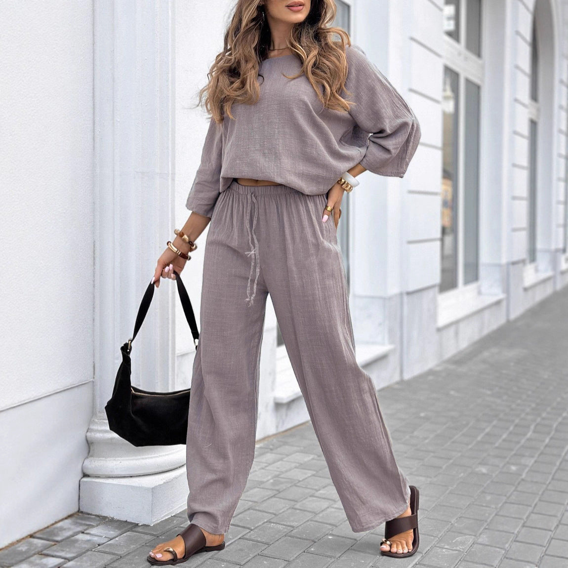 Damen Zweiteiliges Set mit Oberteil und weiten Hosen Norvielle - Norvielle