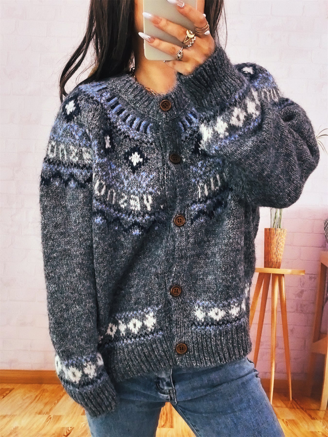 Damen Strickjacke Kuschelig Traditionelle Muster Knopfverschluss