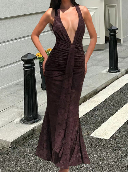 Damen Maxikleid mit V-Ausschnitt Gerafftes Design Norvielle