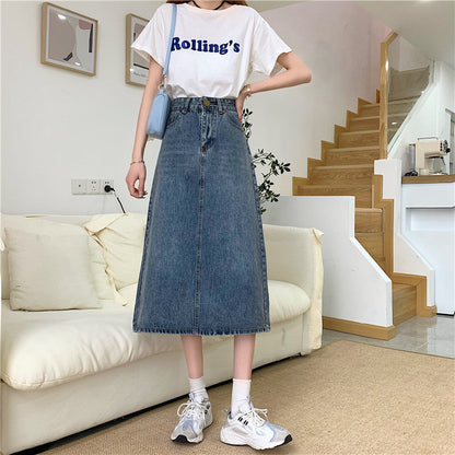 Damen Jeansrock Lang Hochtaillierter Schnitt Dekorative Nähte