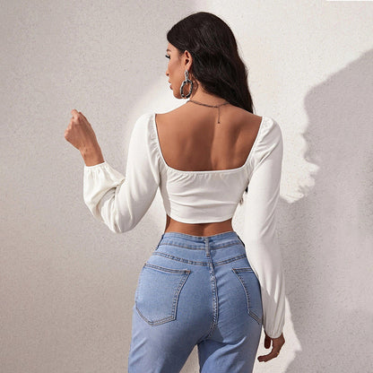 Damen Crop- Langärmlig Quadratischer Ausschnitt Puffärmel Norvielle
