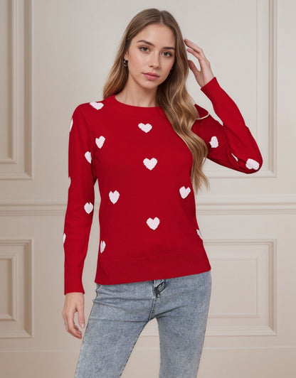 Damen Strickpullover Herz-Design Feinweiß