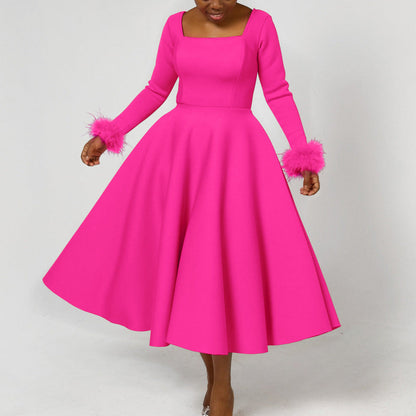 Damen Kleid Quadratischer Ausschnitt Fuchsfell Ärmel Schwarz - Norvielle