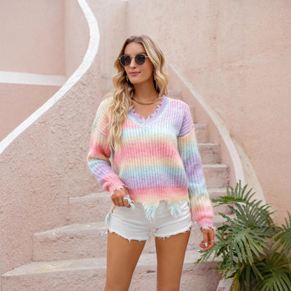 Damen Pullover V-Ausschnitt Fransenabschluss Norvielle