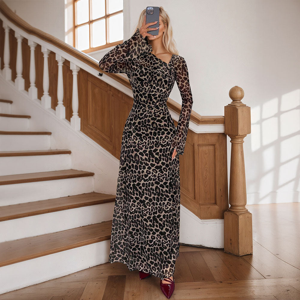 Damen Maxikleid Animal-Print Elegant Schnitt
