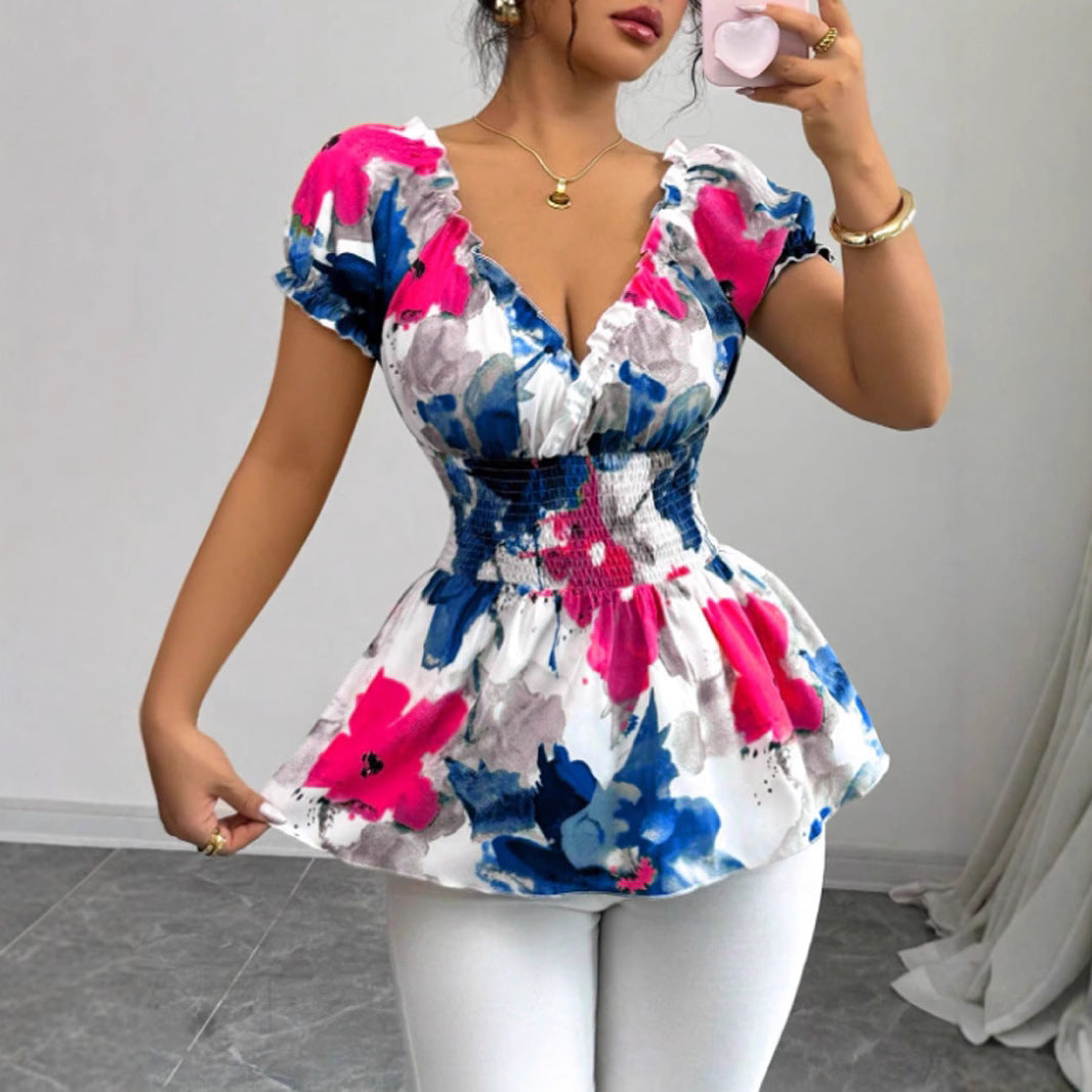 Damen Bluse Elastisch Rüschen Blume Weiss