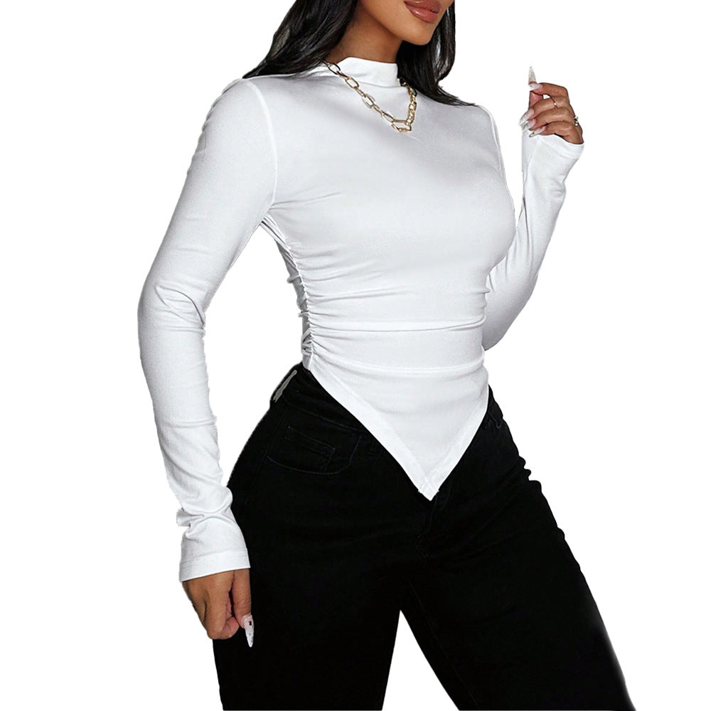 Damen Langarm- Asymmetrischer Saum Elegante Raffung