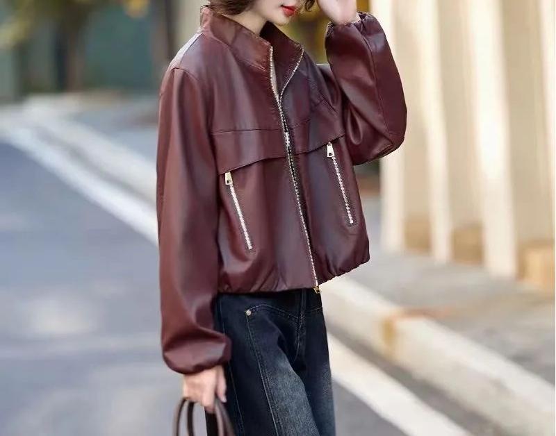 Damen Lederjacke Mit Hochem Kragen