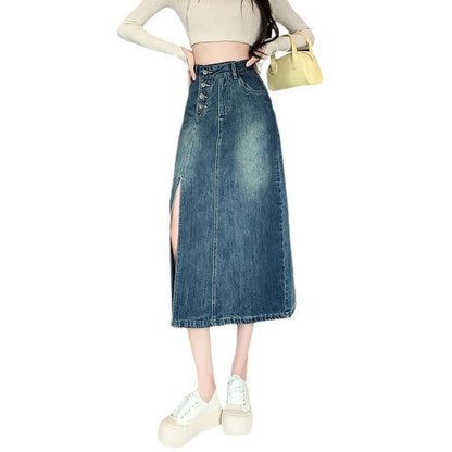 Damen Denim-Rock Lang Mit Frontschlitz