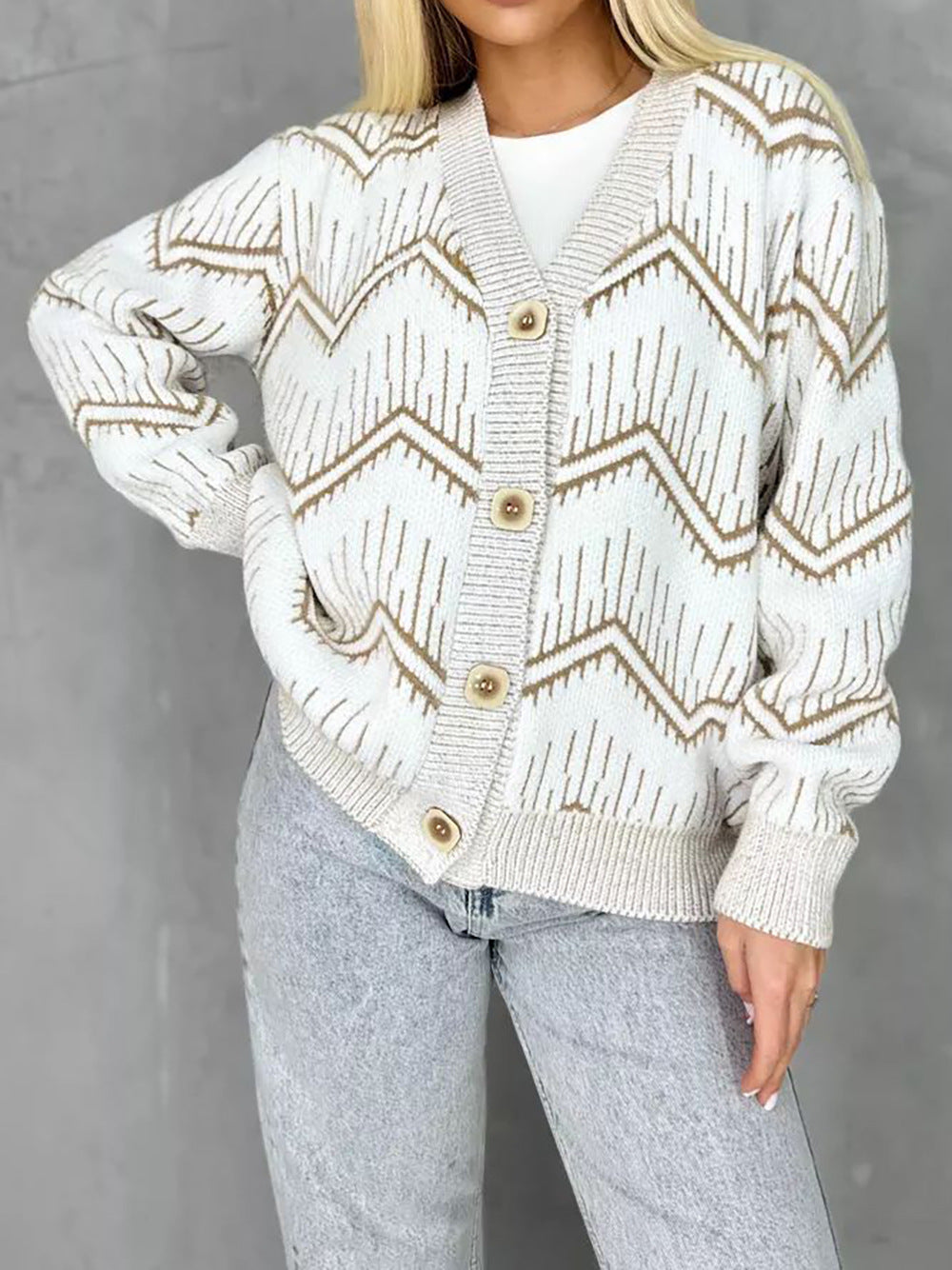 Damen Strickjacke Zigzag-Muster Knöpfe Beige