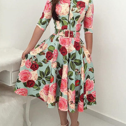 Damen Midikleid Floralmuster Mit Taillengürtel