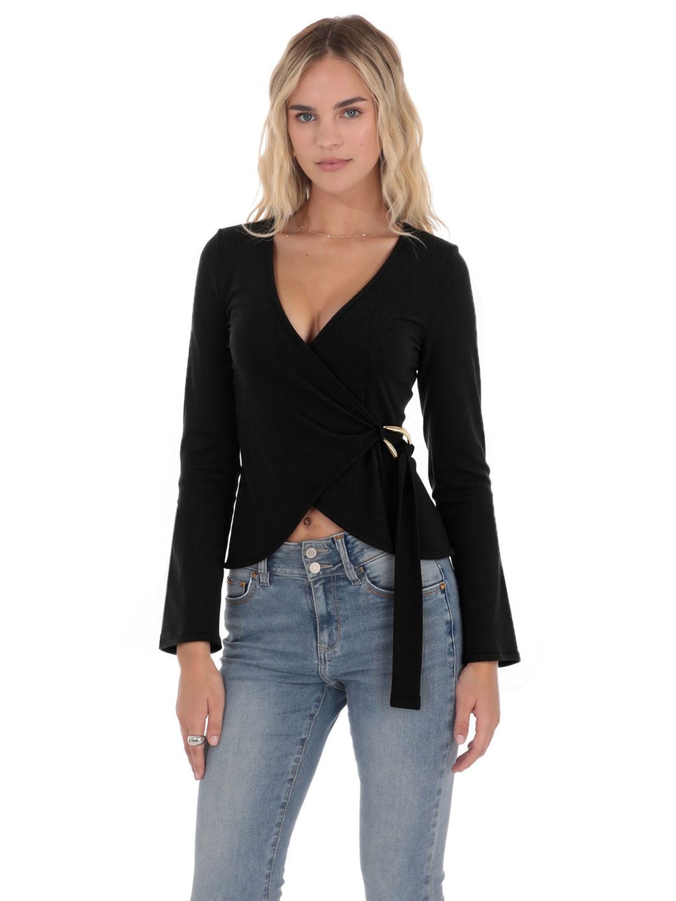Damen Wickeloberteil Langarm Rüschen Elegant