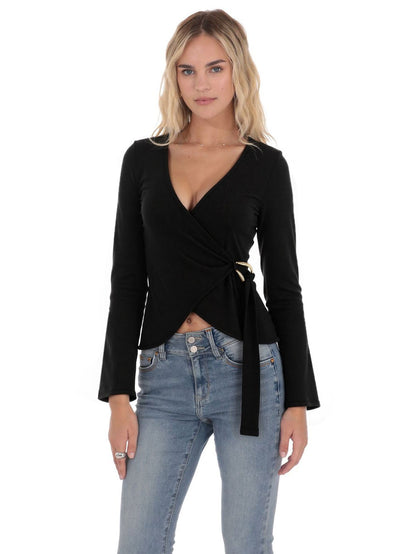 Damen Wickeloberteil Langarm Rüschen Elegant