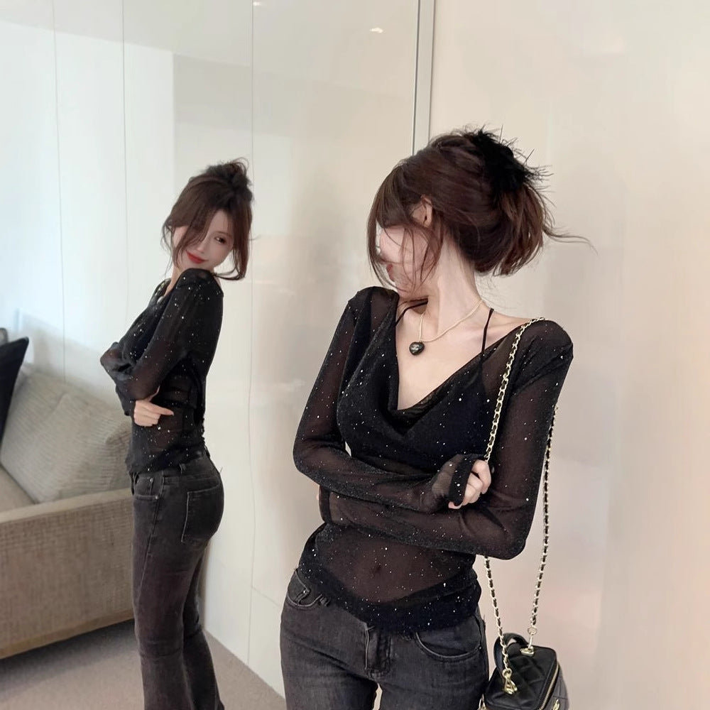 Damen Langarmoberteil tiefes V mit transparenten Details schwarz