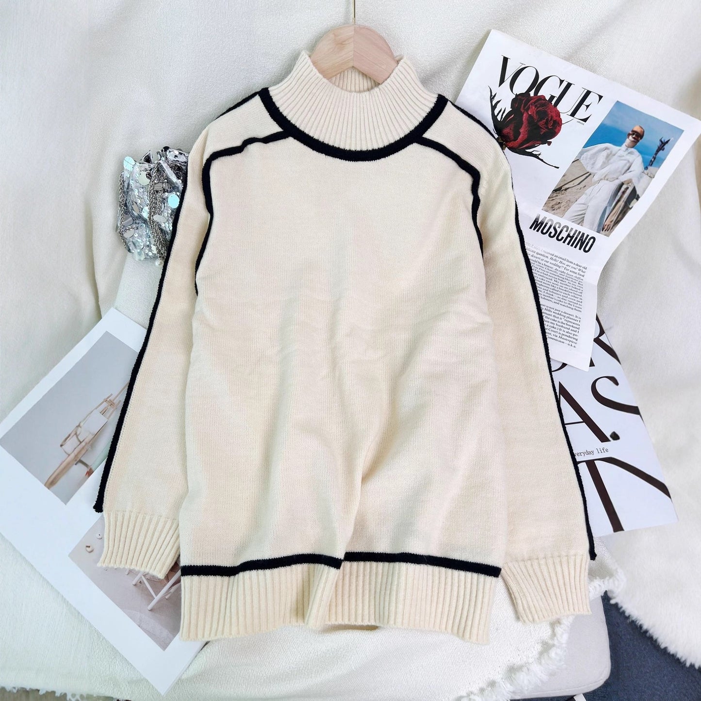 Damen Rollkragenpullover Kontrast-Saum Norvielle