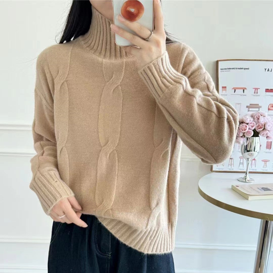 Damen Strickpullover Hochkragen Zopfmuster Norvielle