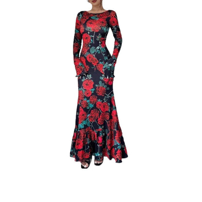 Damen Maxikleid mit Rüschendetails Langarm Floral