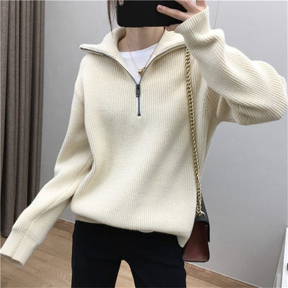 Damen Strickpullover Hochkragen Halbzipp Norvielle