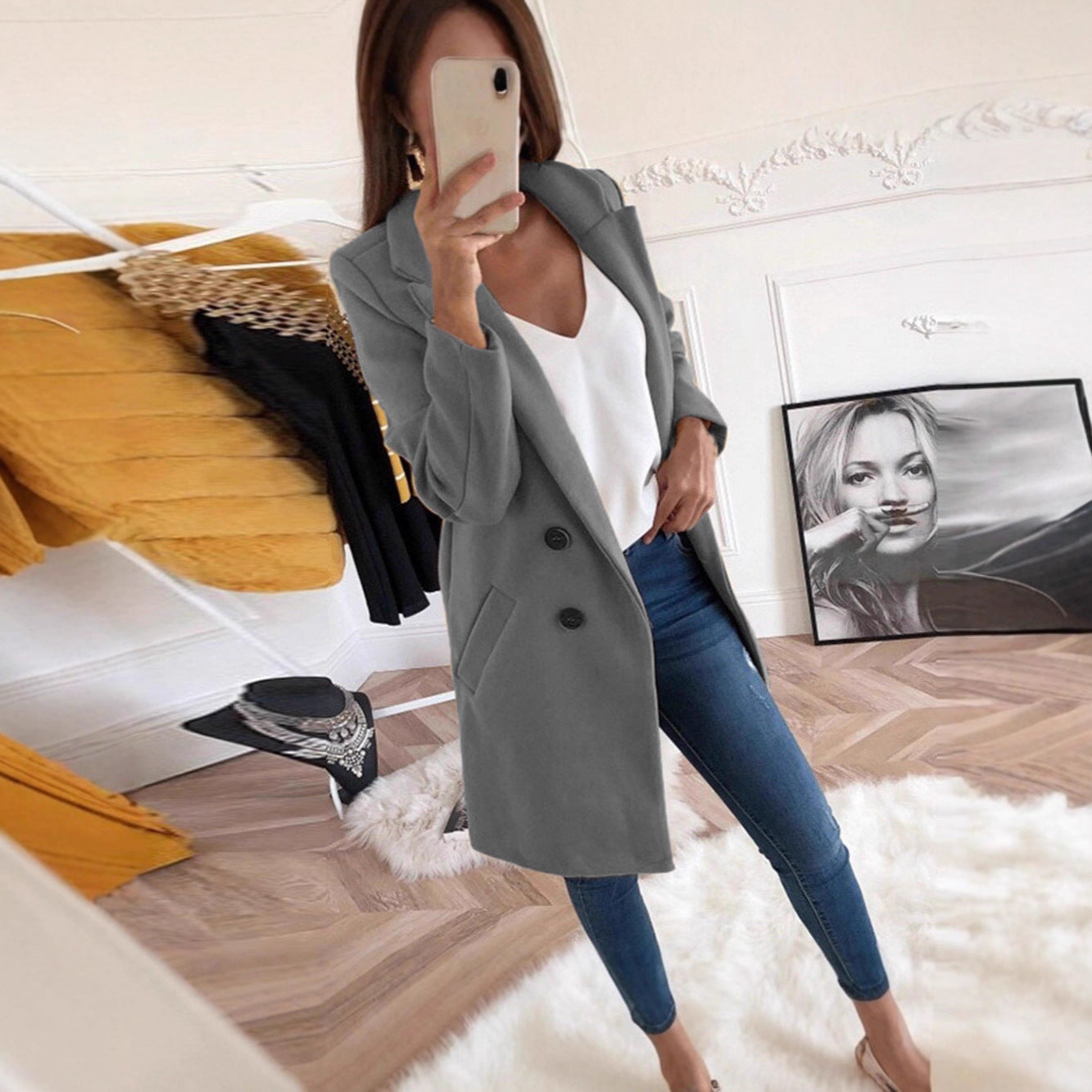 Damen Longblazer Doppelter Knopfleiste Wärmer Norvielle - Norvielle